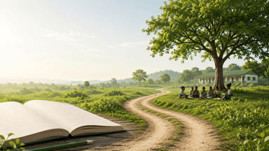 Symbolische Darstellung von Chancengleichheit durch Bildung mit einem Notizbuch, einem Weg und gemeinsam lernenden Kindern in einer grünen Landschaft.